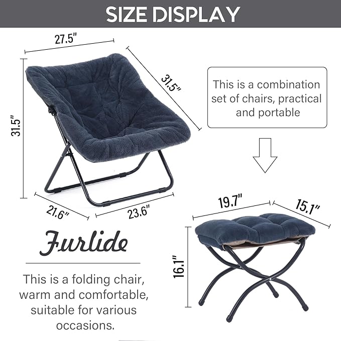 Saucer Chair with Ottoman, Comfy Doorm Chairs, Oversized Folding Faux Fur Chair - Image 3