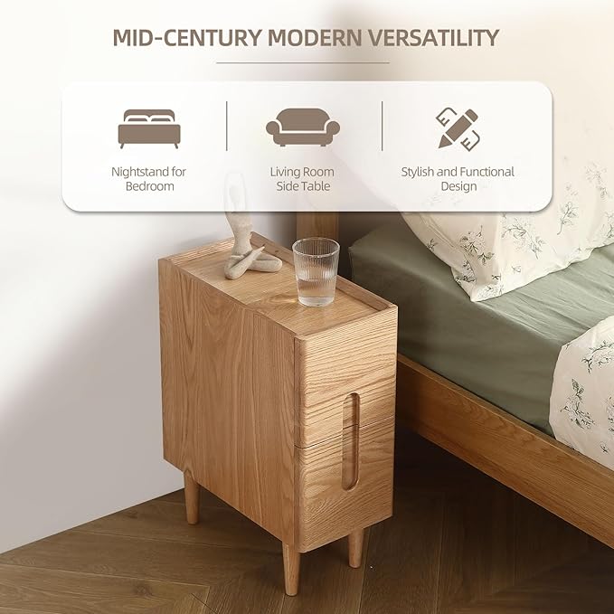 Solid Wood Bedside Table Nightstands, Slim Narrow Oak Real Wooden Mid-Century - Image 4