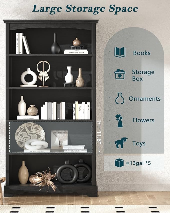 TVU 5-Tier Wooden Bookshelf, 65 Inch Tall Bookshelf - Image 4