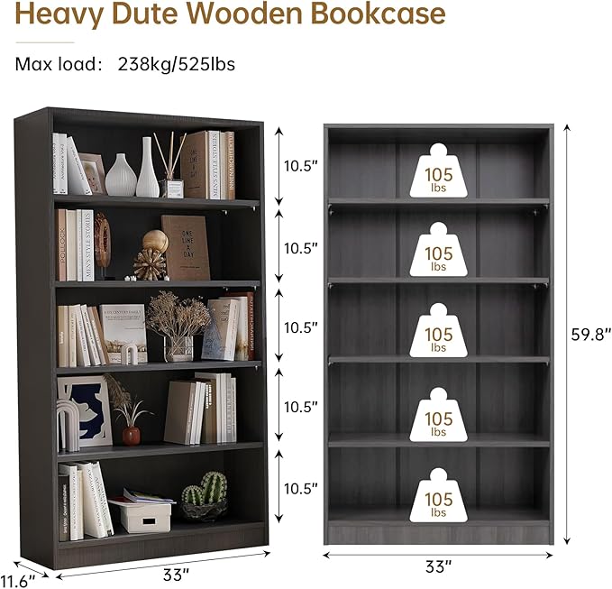 Wooden Bookshelf with Adjustable Shelves, 5 Tier Tall Bookcase - Image 2