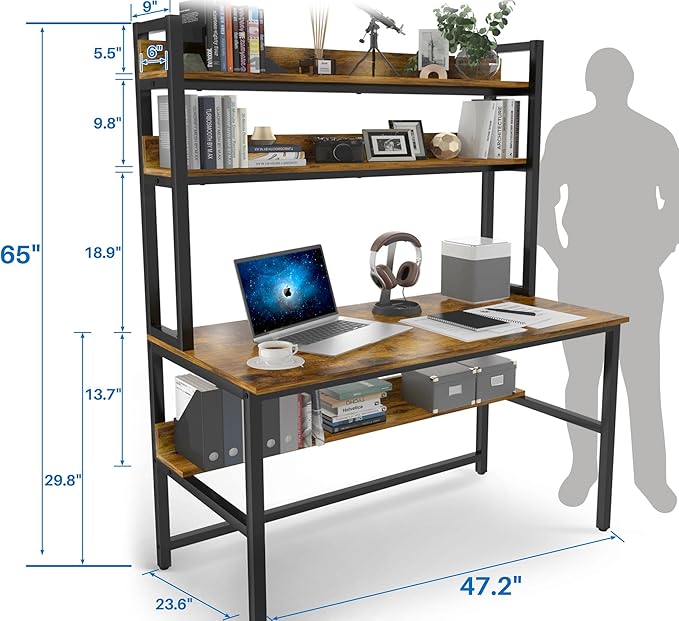 Aquzee Computer Desk with Hutch, 47“W x 23.6" D Desk with Shelves, Tall Home - Image 3