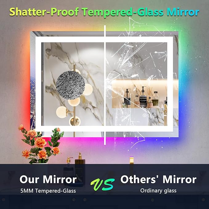 24x32 Inch RGB LED Bathroom Mirror Front Light and RGB Backlit Lighted Vanity - Image 6
