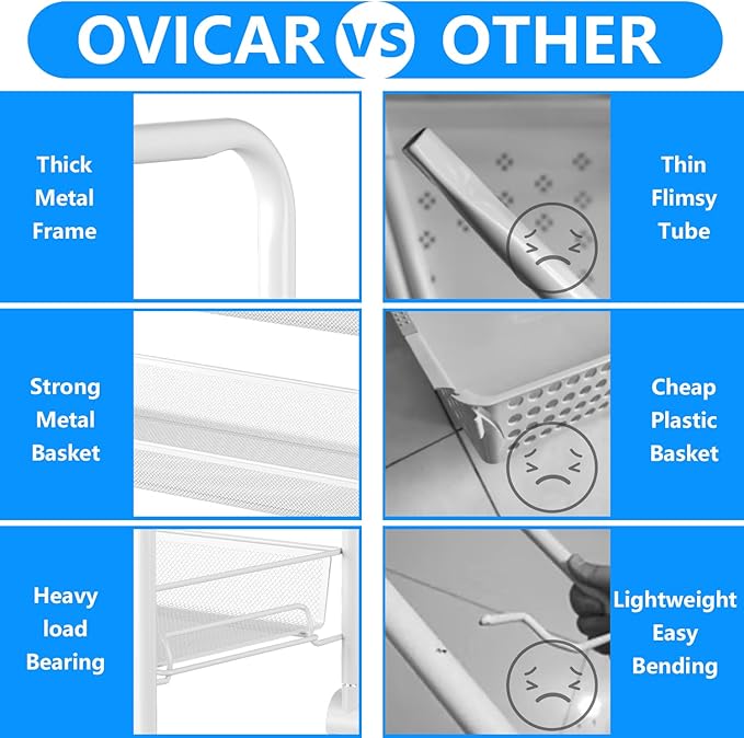 OVICAR 4 Tier Mesh Wire Rolling Cart, Kitchen Storage Organizer Utility Cart - Image 7