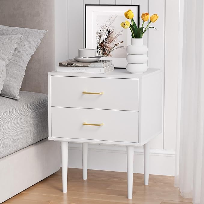White Nightstand with 2 Drawers, Mid-Century Modern End Table, Wood Night Stand by SmartFENDEE