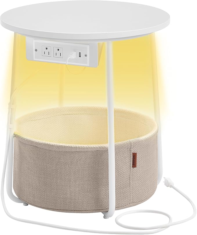 VASAGLE Side Table with Charging Station, Round End Table with Fabric Basket - Image 7