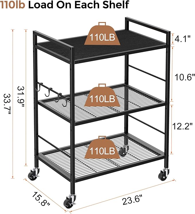 3-Tier Kitchen Cart with Adjustable Shelves - Image 8