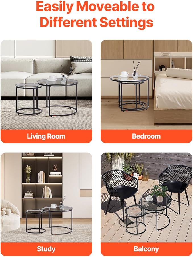 VEVOR Nesting Tables, Glass Coffee Table Set of 2, 23.6 inch Round Coffee Table - Image 8