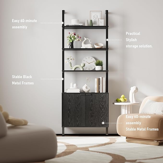 74" Tall Bookshelf with Storage Cabinet, Modern Ladder Shelf with Wood and - Image 8