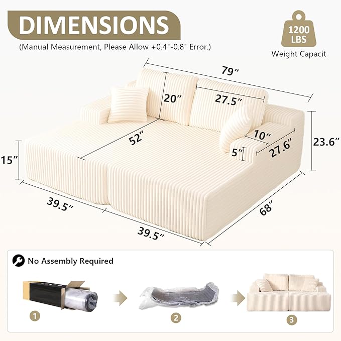 Oversized 79” Double Chaise Lounge Sofa Bed, Deep Seat Corduroy Cloud Loveseat - Image 2