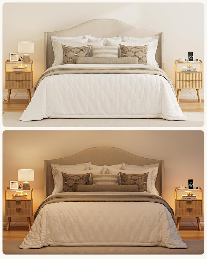 Nightstand with Charging Station and LED Lights, Modern Bedside Table with - Image 9