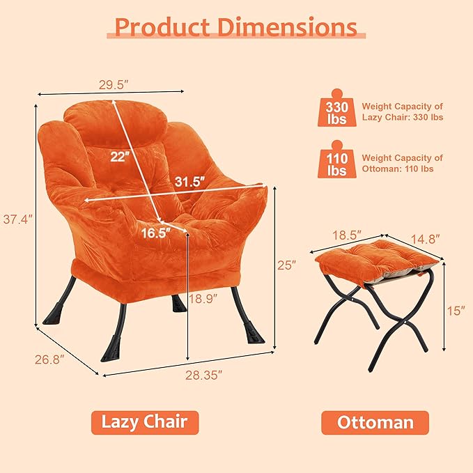 Fabric Lazy Chair with Ottoman, Oversized Upholstered Sofa Chair - Image 3
