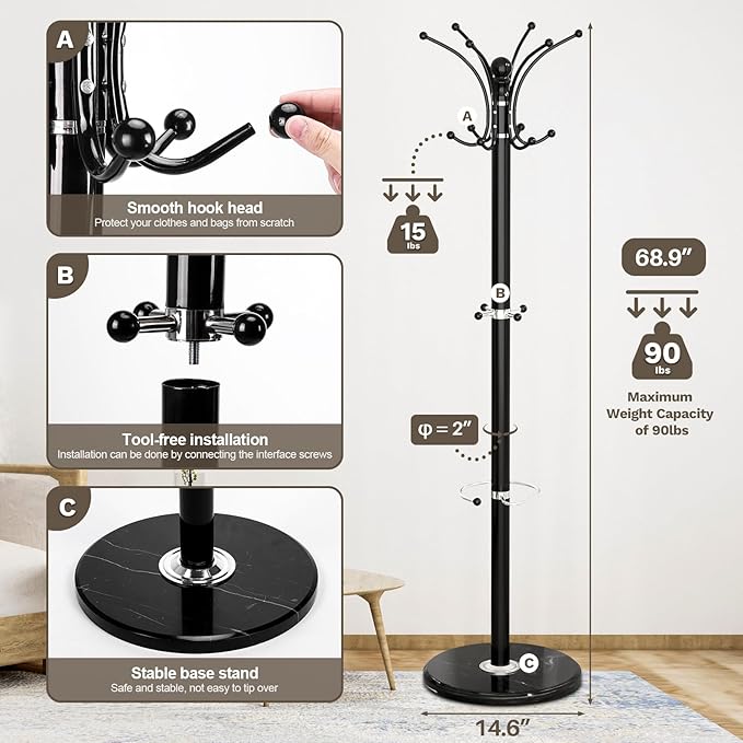 Coat Rack Freestanding with Marble Base, Heavy Duty Clothes Tree with Hooks and - Image 2