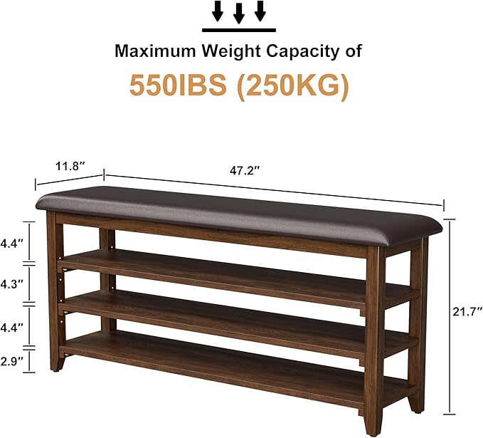 Wooden Shoe Bench Storage with Leather Cushion, Rustic Solid Wood Entryway - Image 3