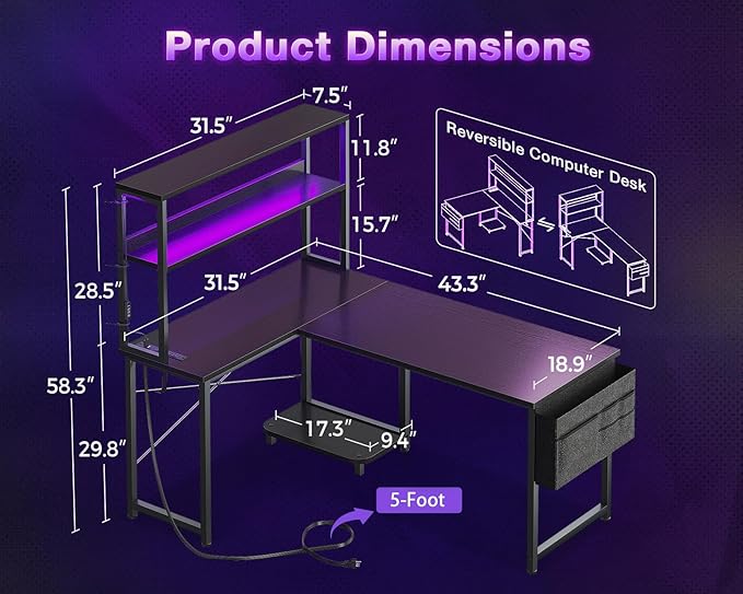 ODK 43 Inch L Shaped Desk with LED Lighting, Reversible Gaming Desk with Power - Image 3