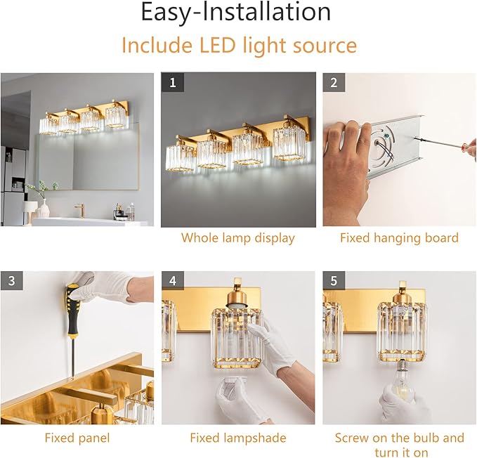 Modern Vanity Light 4-Lights Modern Gold Brushed Brass Finish Crystal Wall - Image 6