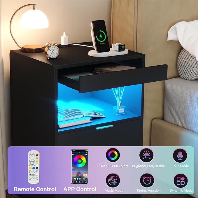 Gadroad LED Nightstand with Charging Station, Bedside Table with 3 Drawers and - Image 4