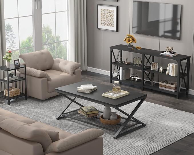 LVB Black Coffee Table, Metal Wood 2 Tier Center Tables - Image 8