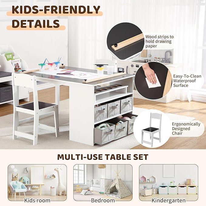 4 In 1 Kids Art Table and Chair Set, Toddler Craft Large Storage Desk - Image 4