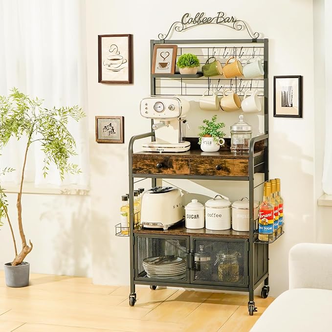 Coffee Bar Cart with Wheels, Coffee Bar Table, Kitchen Coffee Bar Cabinet with - Image 9