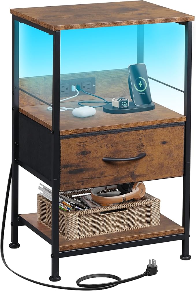 WLIVE Night Stand with Charger Station, LED Nightstand with Adjustable Fabric by WLIVE