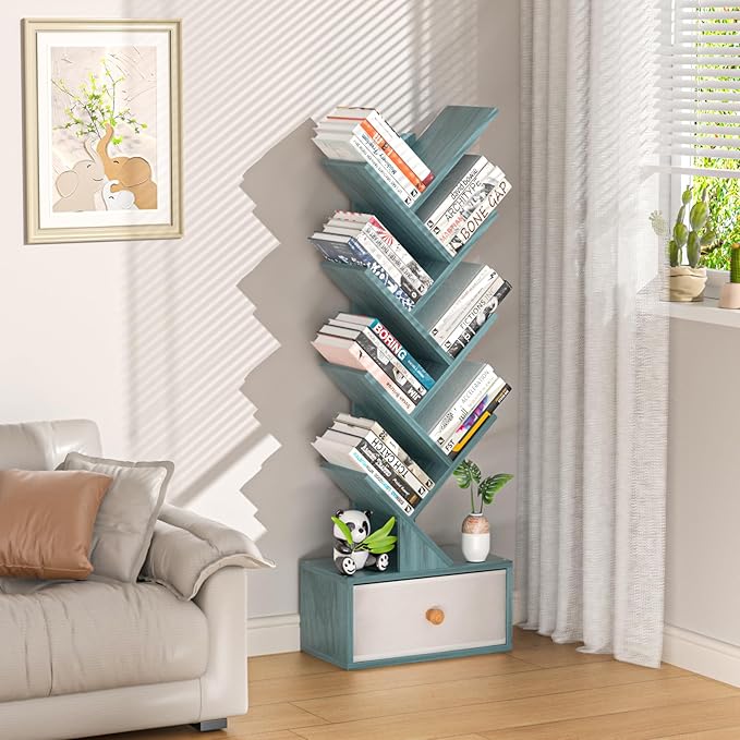 8 Tier Tree Bookshelf with Drawer, Free Standing Wood Bookcase - Image 5