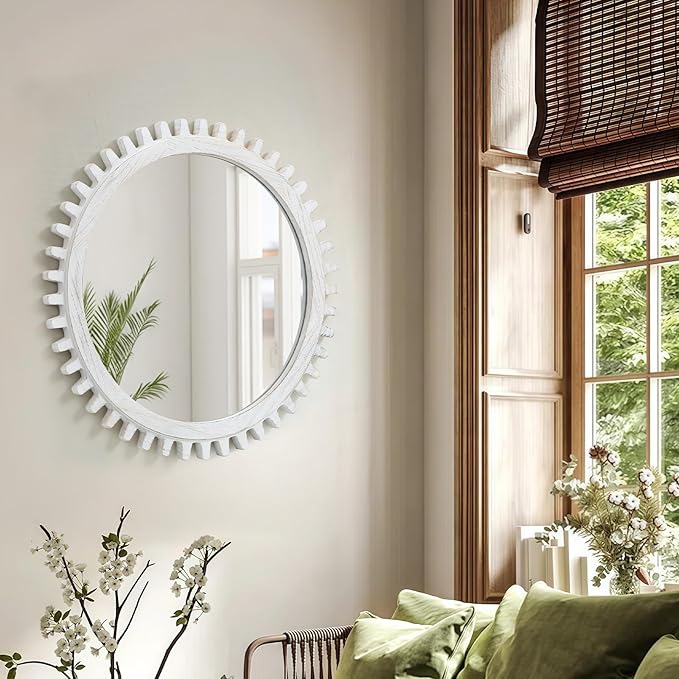 ULIKE Round Wood Mirror, 24 Inch Rustic Farmhouse Circle Mirror - Image 7