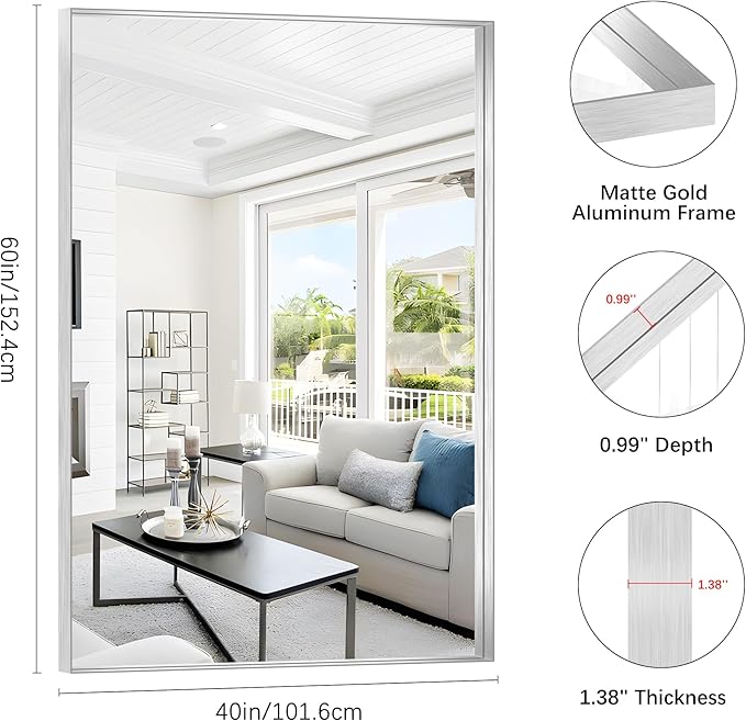 Silver Bathroom Mirror, 60x40 Inch Rectangular Framed Mirror, Large Wall - Image 3