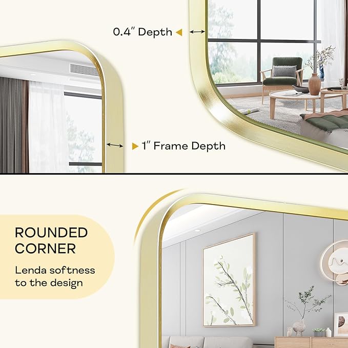 Wall Mount Mirror for Bathroom, Brushed Gold Metal Framed Rounded Corner Square - Image 5