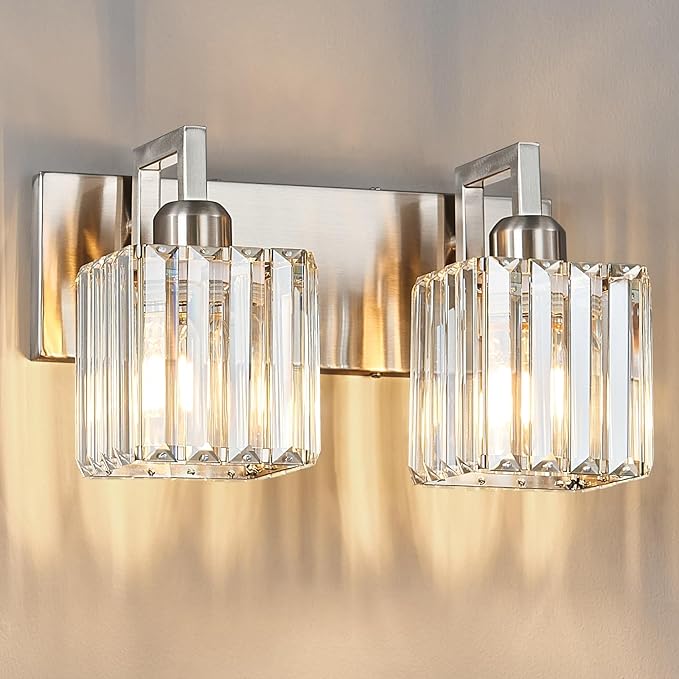Modern Bathroom Vanity Light 2-Lights Brushed Nickel Vanity Light Crystal Wall - Image 3