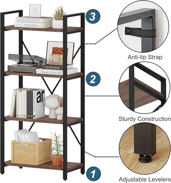 BON AUGURE Industrial 4 Tier Bookshelf, Modern Open Etagere Bookcase, Wood - Image 5