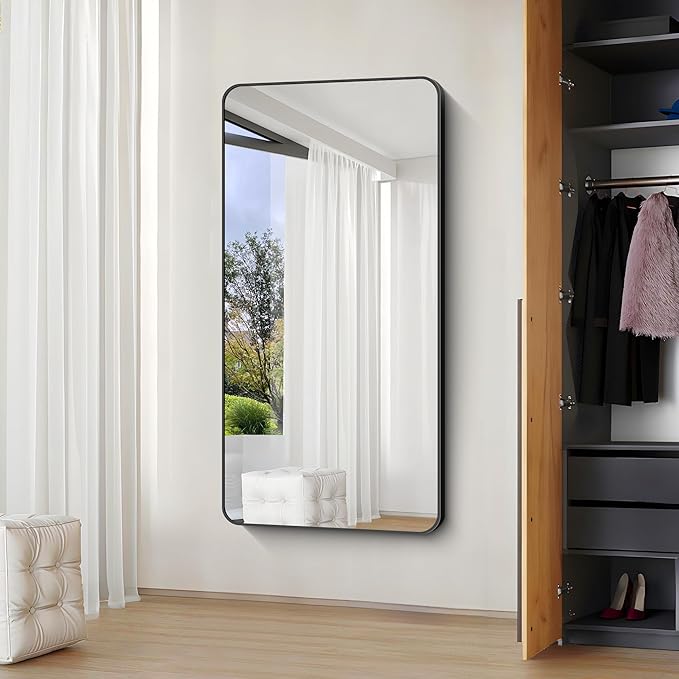 Bathroom Mirror, 30x60 inch Black Rectangle Wall Mirror, Metal Frame Rounded - Image 7