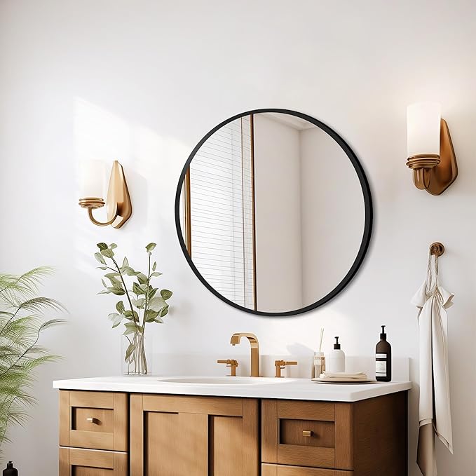 Round Mirror Black Frame 28 Inch Mirror Living Room Round Bathroom Mirrors - Image 6