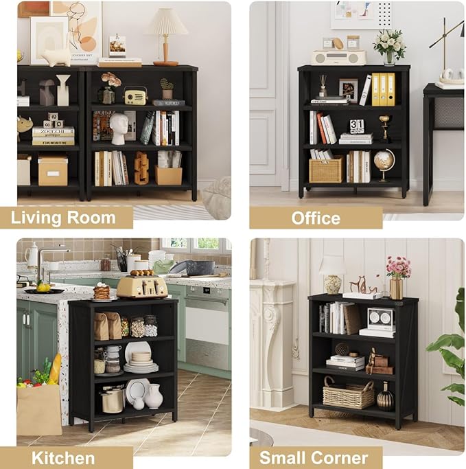 BON AUGURE Small Bookshelf, 3 Tier Black Book Shelf, Farmhouse Storage Bookcase - Image 6