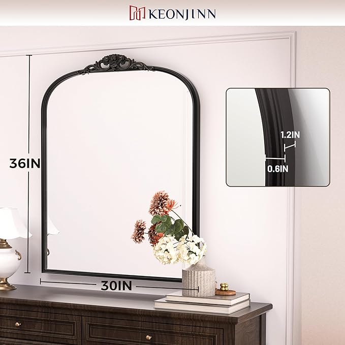 Keonjinn Vintage Arched Wall Mirror 30" x 36", Ornate Baroque Decoration - Image 4