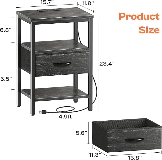 SUPERJARE Nightstand with Charging Station, Bed Side Table with Adjustable - Image 7