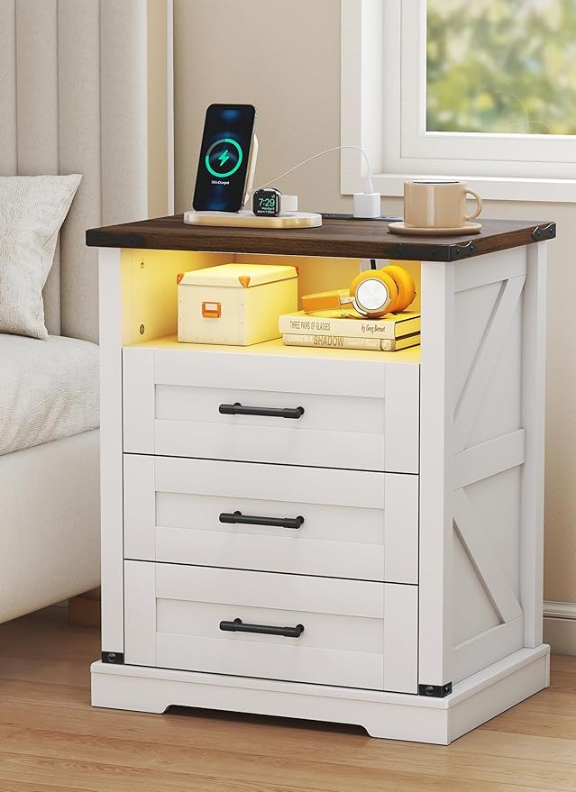 Night Stand with Charging Station 22" Large Farmhouse Nightstands with 3 by Turosur