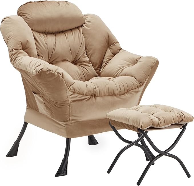 Lazy Chair with Folding Ottoman, Accent Chair Velvet Upholstered with Metal by Youtanic