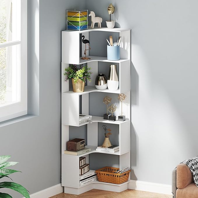 Corner Bookshelf, 68.9" Tall Wooden Corner Bookcase 5 Tiers L-Shaped Storage - Image 3