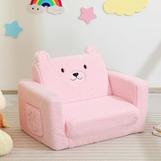ALIMORDEN Fold Out Toddler Couch, Comfy 2-in-1 Cuddly Sherpa Bear Chair - Image 9