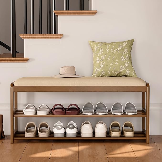 2-Tier Bamboo Shoe Bench with Cushion and Hidden Drawer, Entryway Shoe Rack - Image 6