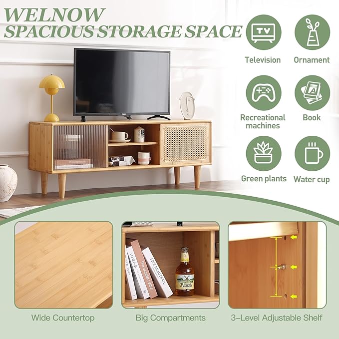 Welnow Rattan TV Stand for Up to 55 Inch, Mid Century Modern Bamboo - Image 7