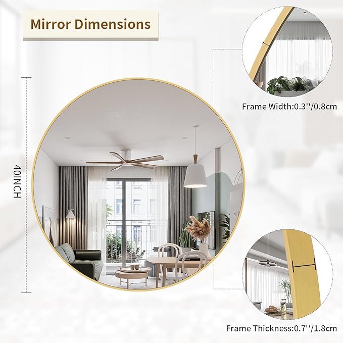 BEAUTYPEAK 40 Inch Round Mirror, Metal Frame Circle Mirror, Wall Mounted - Image 2