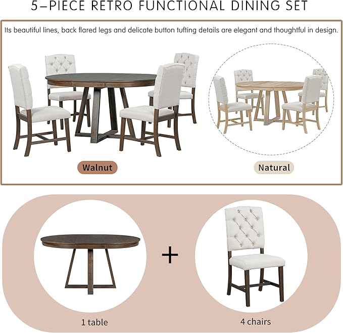 5 Pieces Dining Table Set with 42" Table, Living Room Furniture W/ 4 - Image 5