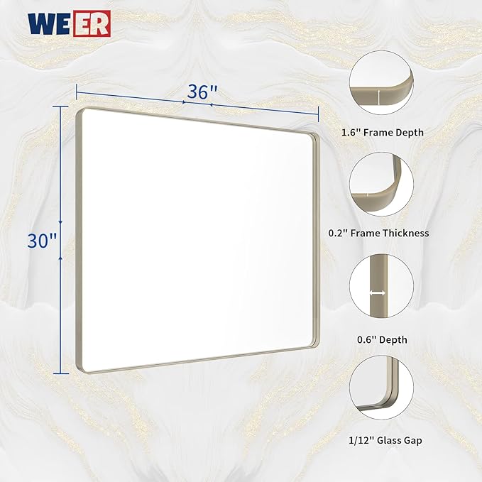WEER 36X30 Inch Brushed Nickel Bathroom Mirror, Brushed Silver Metal Frame - Image 6