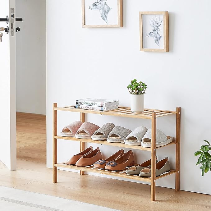 3-Tier Free Standing Shoe Racks, Bamboo Wood Shoe Rack - Image 2