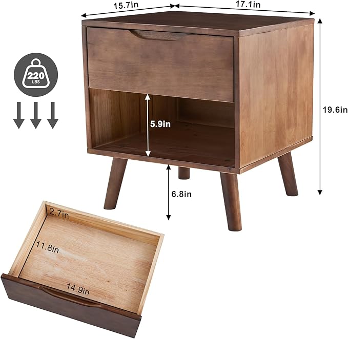 Uniclinens Nightstand with Drawer and Opening Storage, Modern Solid Rubberwood - Image 2