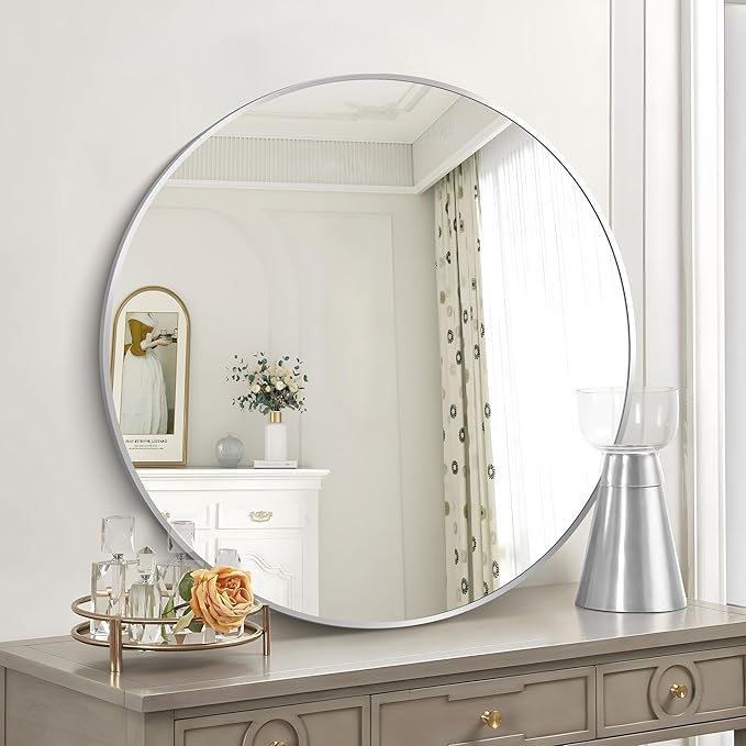 Silver Round Mirror, 39 Inch Wall Mounted Round Mirror, Aluminum Alloy Metal - Image 3
