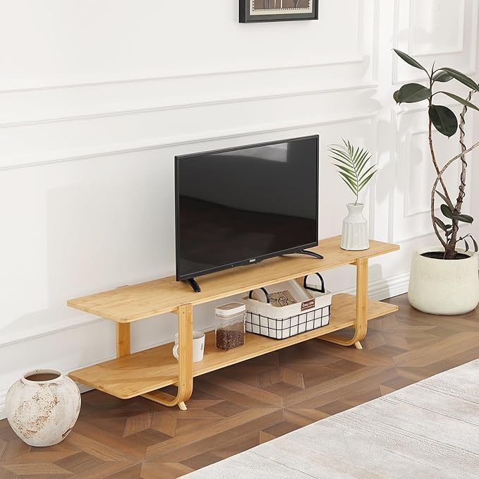 Welnow Bamboo TV Stand for Up to 65 Inch, Mid Century Modern Entertainment - Image 8