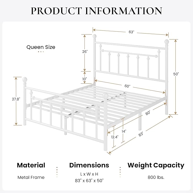 SHA CERLIN 14'' Queen Size Metal Platform Bed Frame/Victorian Headboard and - Image 2