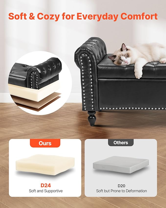 VEVOR Button-Tufted Storage Ottoman Bench, Rolled Arm PU Leather Bench - Image 6